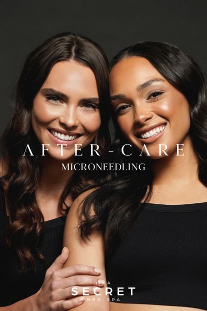 Two women with clear skin show results of microneedling treatment